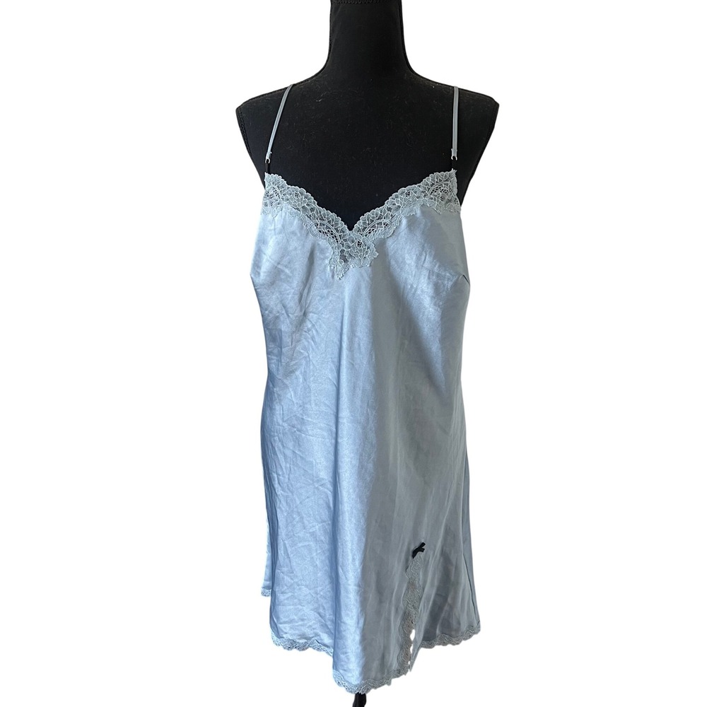 Victorias Secret Light Blue Satin Lace Slip Dress Y2K Baby Doll L 338476-GA0